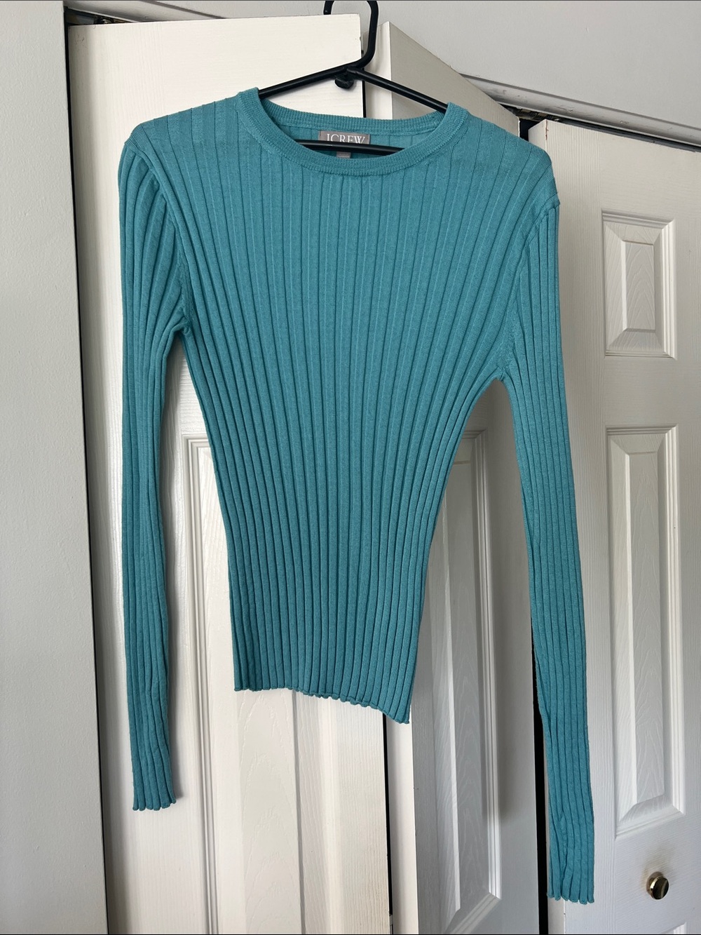 J. Crew Slim Ribbed Long-Sleeve Crewneck Top in Teal Blue-Green